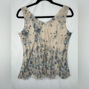 Bohemian Blue Floral Tank Top V-neck Scalloped Hem Casual Sz XL